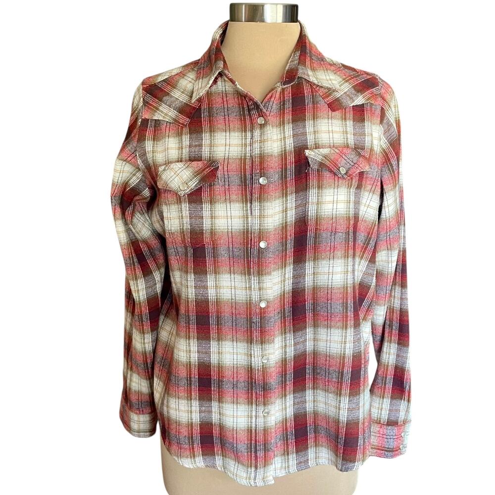 VTG Wrangler Wrancher Plaid Flannel Pearl Snap Shirt Womens XL Western Cowgirl